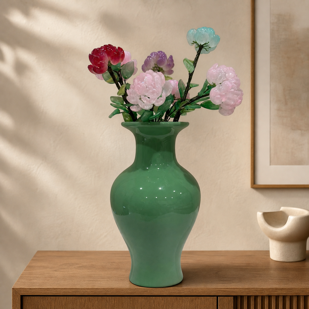 Garden Mix glass peony bouquet displayed on a sideboard