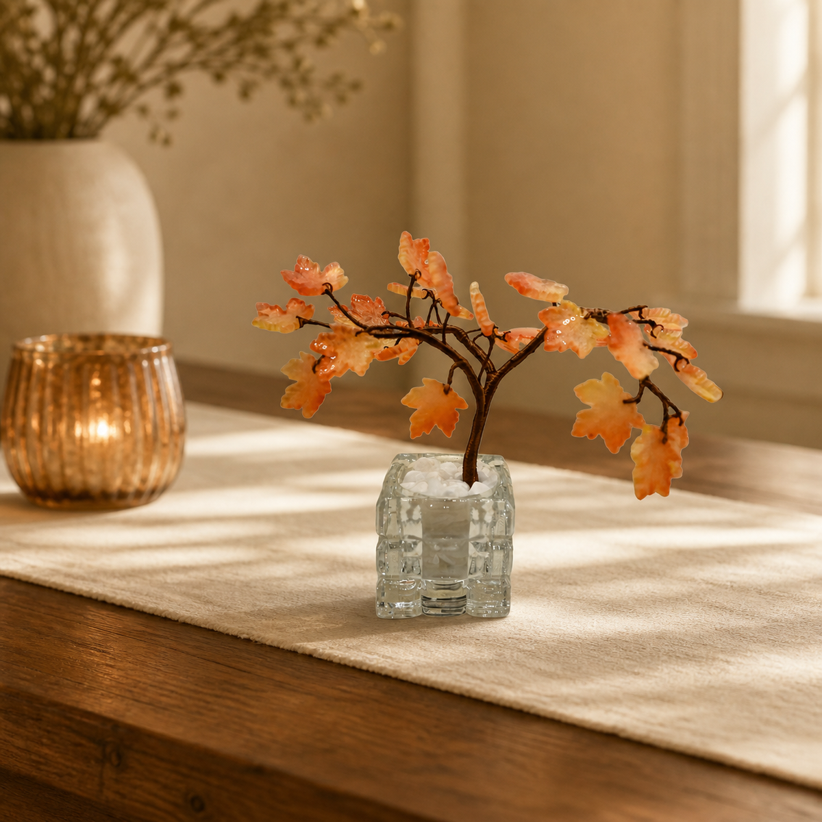 Amber glass maple tree on a dining table