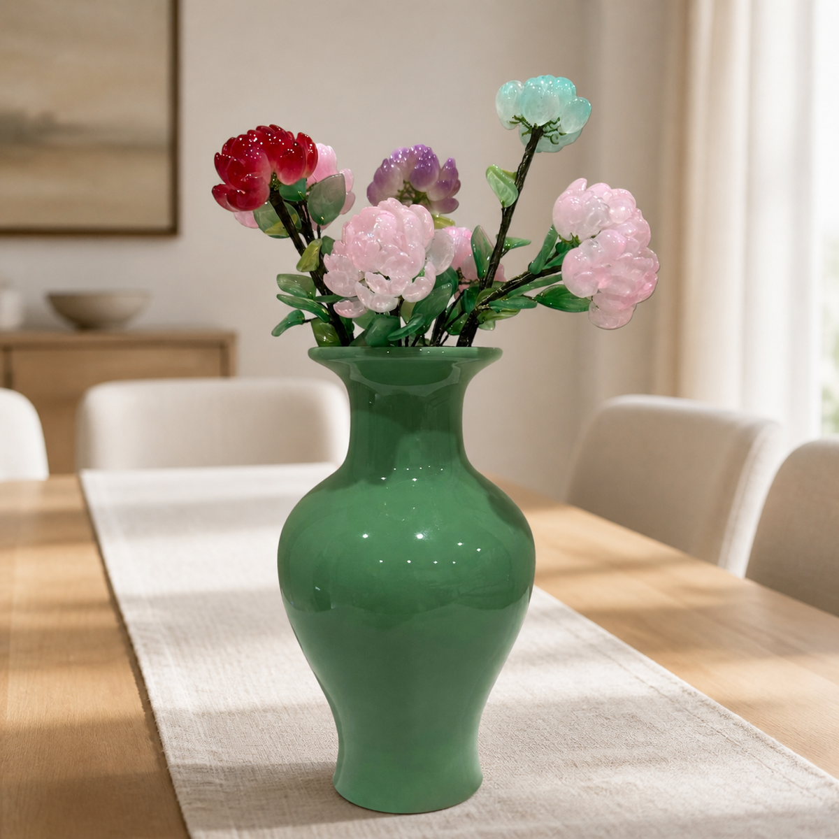 Garden Mix glass peony bouquet on a dining table