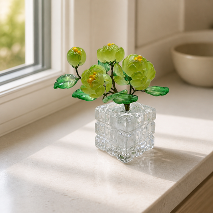 Spring green glass peony arrangement on a kitchen shelf