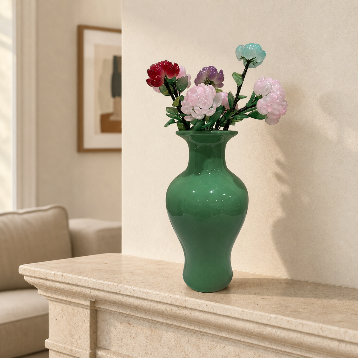 Garden Mix glass peony bouquet on a fireplace mantel