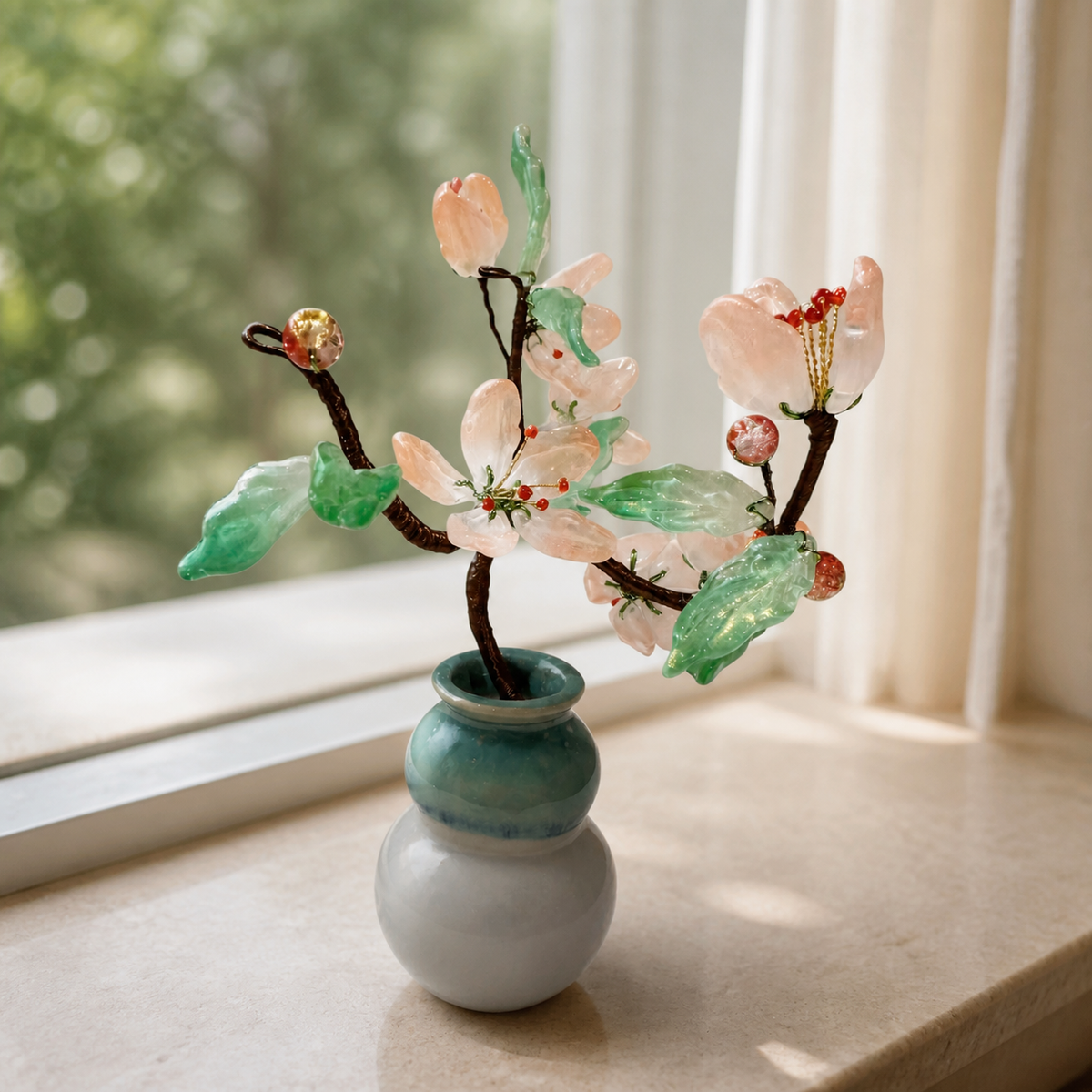 Side view of handmade glass peach blossom branches