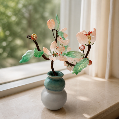 Side view of handmade glass peach blossom branches