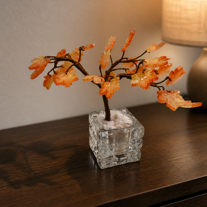 Side view of handmade amber glass maple tree