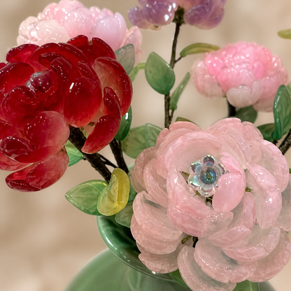 Close-up of multicolor glass peony petals and leaves
