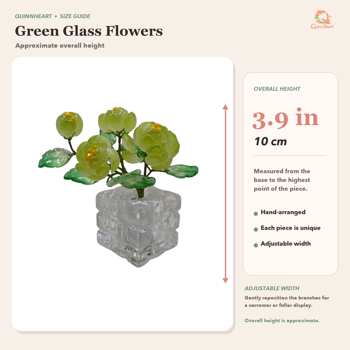 Dimensions of spring green glass peony arrangement with adjustable width