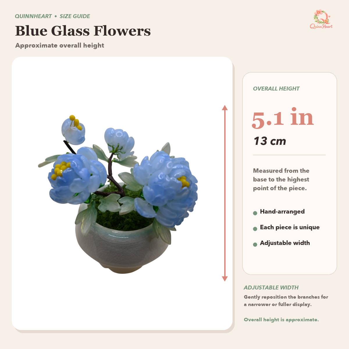Dimensions of sky blue glass peony arrangement with adjustable width