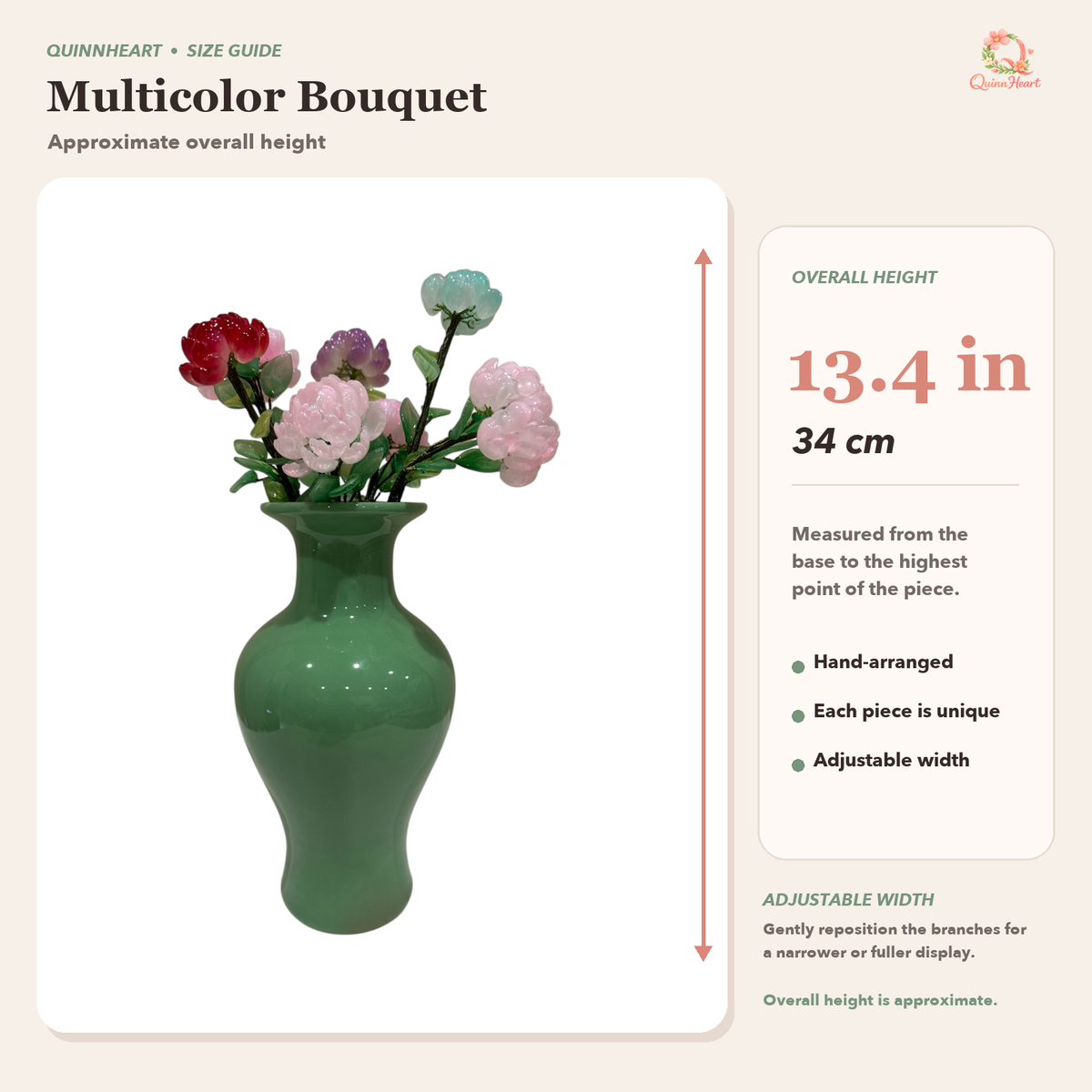 Dimensions of Garden Mix glass peony bouquet with adjustable width
