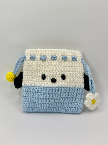 Handmade Crochet Bear Drawstring Bag - Blue and White Cute Design