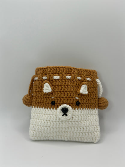 Handmade Crochet Shiba Inu Drawstring Bag