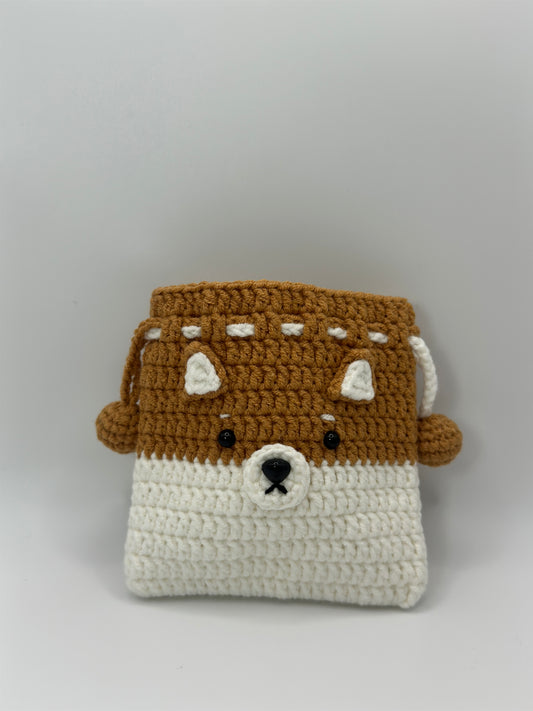 Handmade Crochet Shiba Inu Drawstring Bag