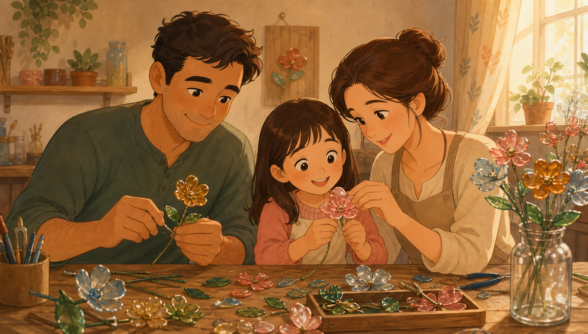 Warm illustration of a family of three making glass flowers together